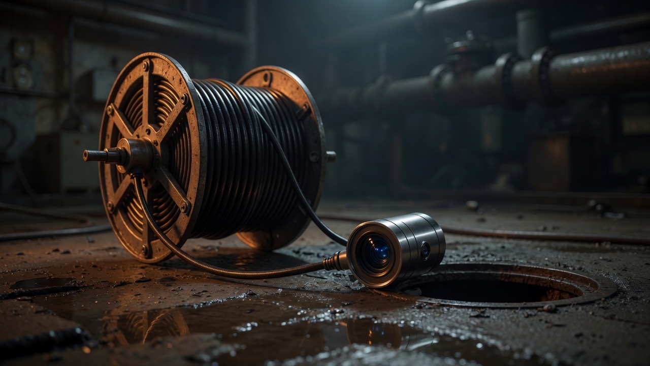 A drain camera and cable reel beside an open cleanout