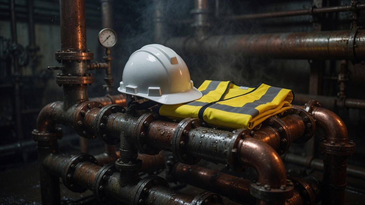 A white hard hat and a safety vest on wet pipes