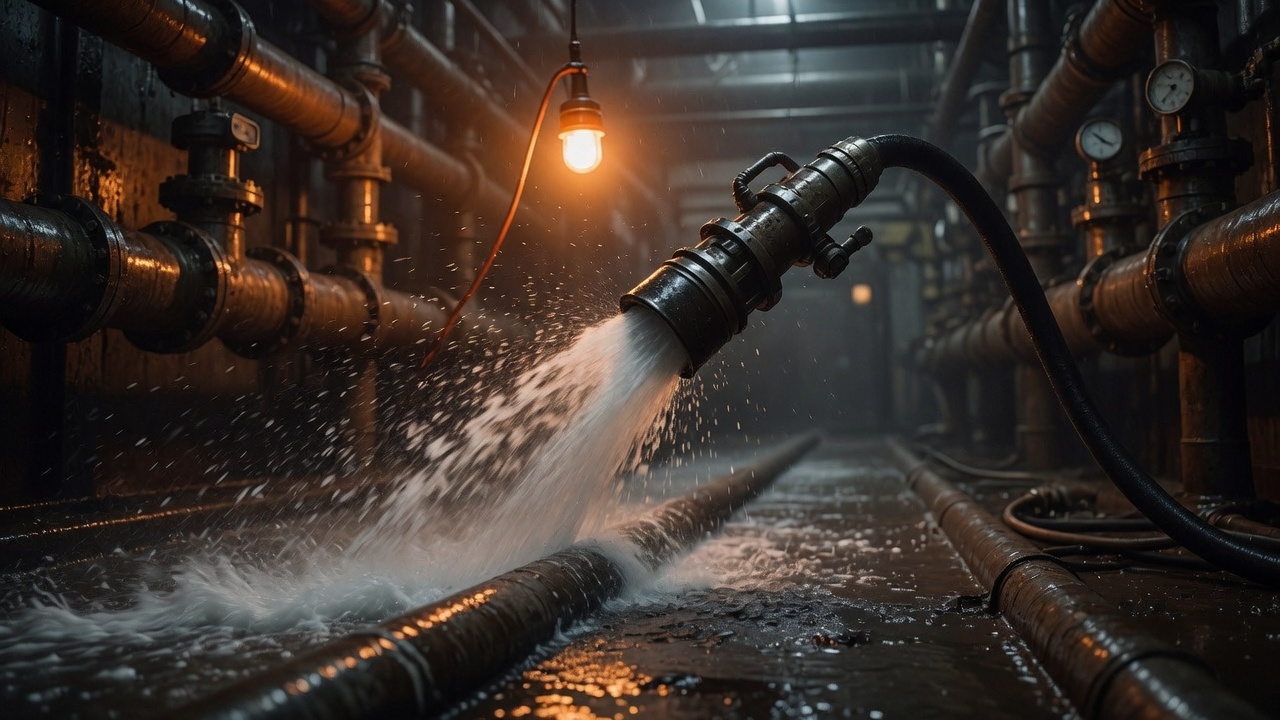 A hydro-jet nozzle spraying water down a pipe chase