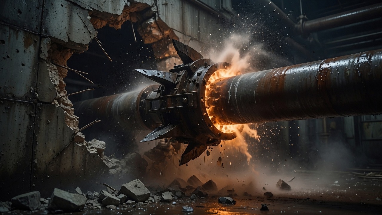 A pipe-bursting head pulling a new line through a concrete wall