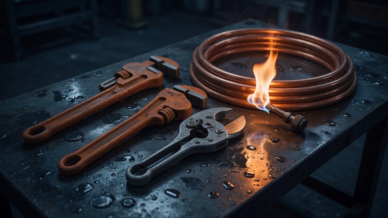 Pipe wrenches, a cutter, and a coil of copper on a wet bench