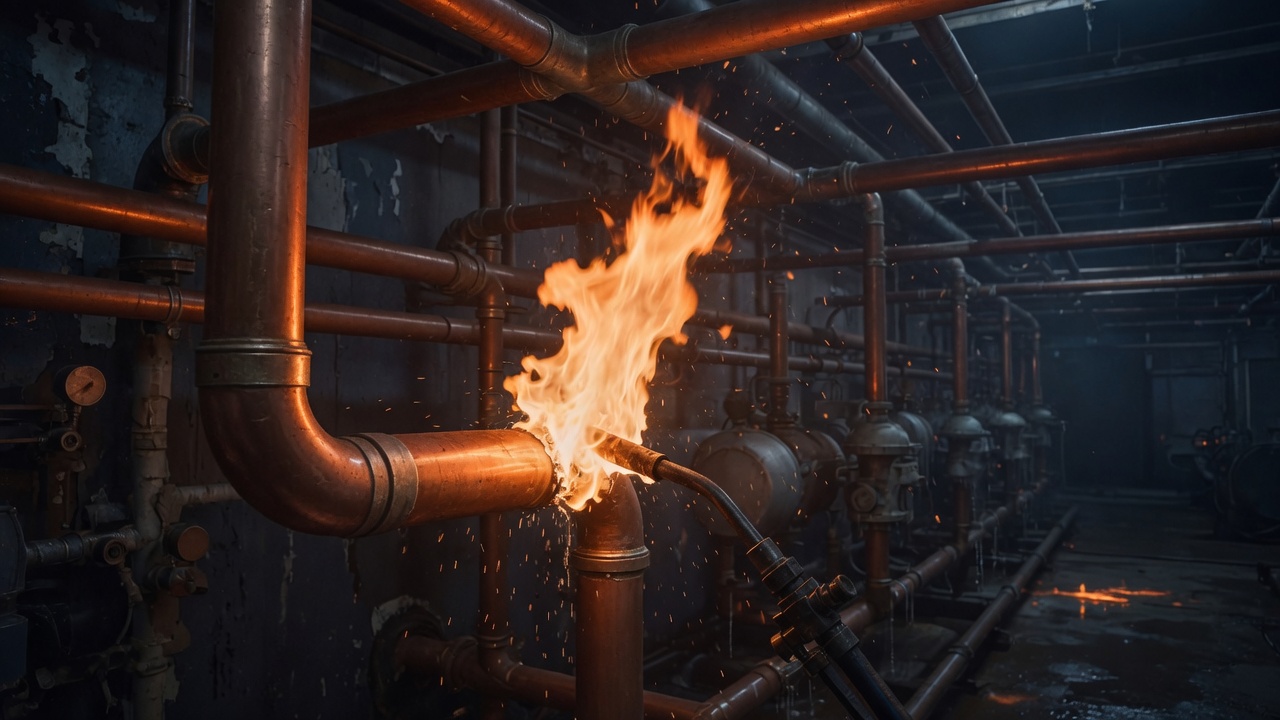 A torch on a copper pipe joint